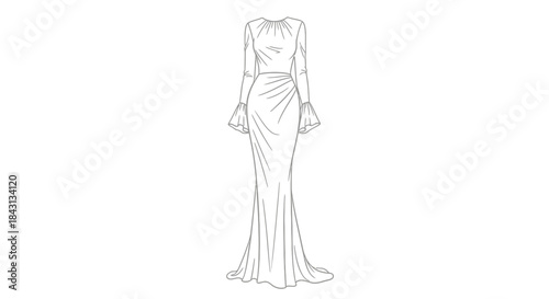 Elegant long dress with ruffled sleeves and draped detailing fashion illustration