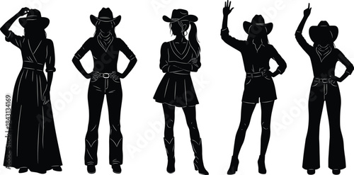 High-contrast vector silhouette set of diverse cowgirls posing in cowboy hats, boots, and different Western-style outfits for fashion, rodeo, and Wild West themes.High-contrast vector silhouette set o