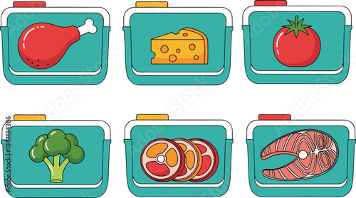 Set of colorful food storage containers with assorted ingredients for meal prep, kitchen organization, diet planning, and healthy eating visuals.