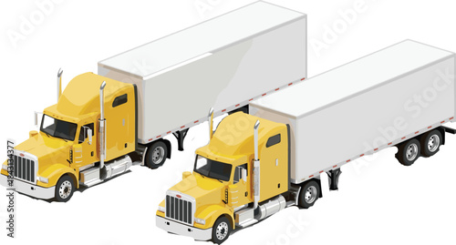 Vector illustration of two yellow semi-trailer trucks with white cargo trailers for logistics, transportation, and commercial vehicle design content