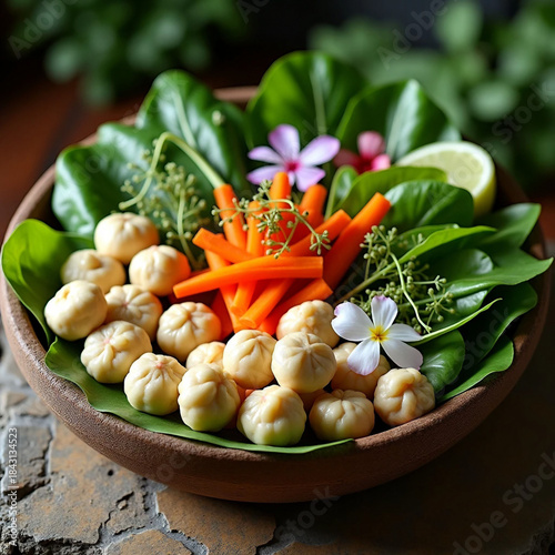 Fresh Organic Vegetables and Steamed Dumplings on Rustic Plate