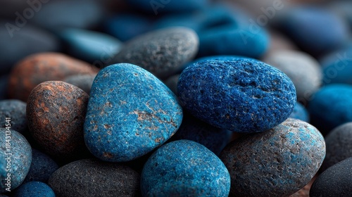 Blue pebbles arranged as a mobile wallpaper background, smooth stones in calming shades of blue for smartphone display, minimalist and serene design, abstract natural textures.