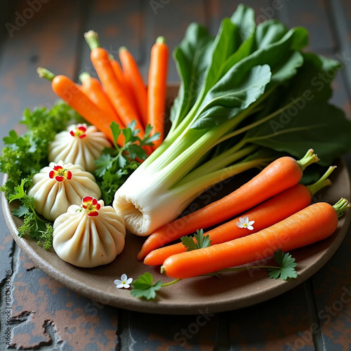 Fresh Organic Vegetables and Steamed Dumplings on Rustic Plate
