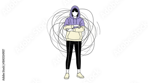 Illustration of a person with a hoodie and a swirling mental state concept