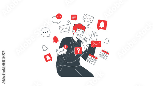 Illustration depicting overwhelmed person dealing with communication overload and notifications