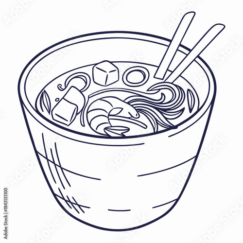A delicious bowl of ramen noodles with shrimp tofu and chopsticks presented in a simple line art drawing style