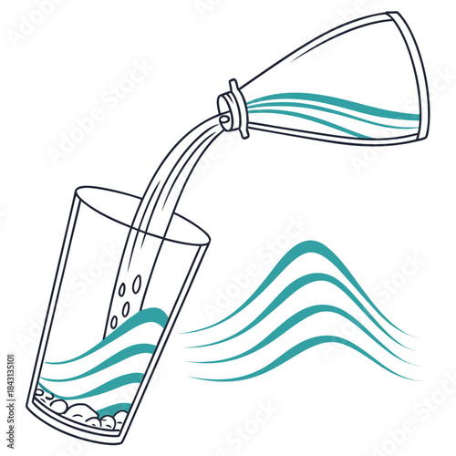 A stylized illustration depicts liquid being poured from a bottle into a glass with turquoise waves and bubbles