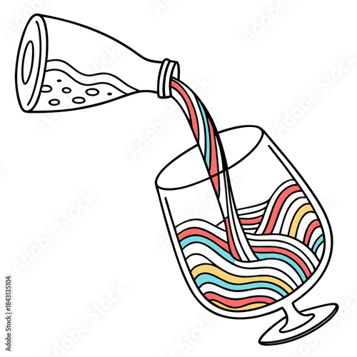 A bottle pours colorful liquid with wavy lines into a brandy glass creating a vibrant drink