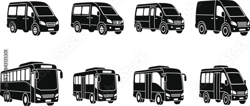 Black silhouette vector illustration of passenger transport vehicles including vans, minibuses, and buses for fleet planning and design analysis.