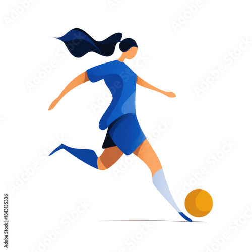 Female athlete kicking soccer ball isolated on transparent background