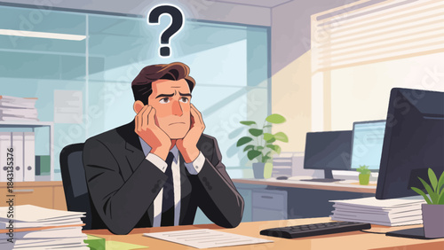 This illustration depicts a stressed business professional at an office desk, with a glowing question mark above, symbolizing workplace confusion, workload pressure, and anxiety.