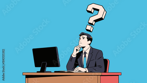 This illustration depicts a stressed business professional at an office desk, with a glowing question mark above, symbolizing workplace confusion, workload pressure, and anxiety.