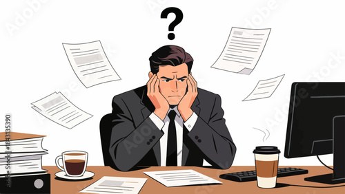 This illustration depicts a stressed business professional at an office desk, with a glowing question mark above, symbolizing workplace confusion, workload pressure, and anxiety.