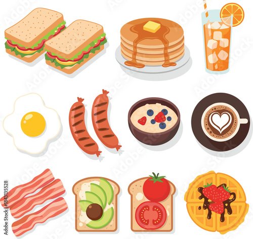 Isometric vector illustration set of classic breakfast food items including pancakes, eggs, bacon, sausage, sandwiches, avocado toast, and waffle with fresh juice.