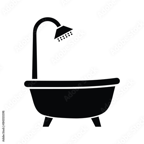 Simple black silhouette of a bathtub with a shower head, isolated on