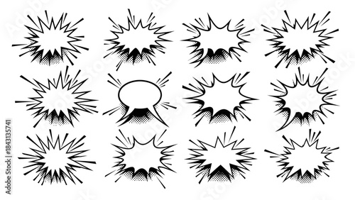 Comic book style burst explosion elements set. Graphic vector illustrations for pop art sound effects, exclamations, and impactful design. Dynamic speech bubbles collection
