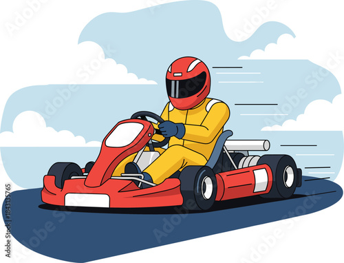 High-speed vector illustration of a go-kart racer wearing a helmet and yellow suit, racing on a track under a cloudy sky for motorsports and competition themes.High-speed vector illustration of a go-k