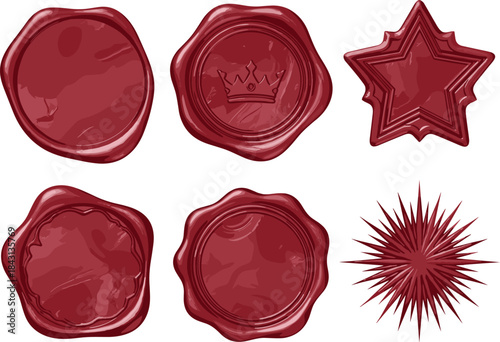Luxurious deep red vector set of six vintage wax seals in various shapes including a star and crown emblem for official documents, letters, and royalty concepts.Luxurious deep red vector set of six vi