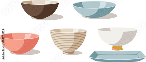 Minimalist vector illustration set of five diverse ceramic and stoneware kitchen bowls and a rectangular serving platter in modern pastel colors for food and dishware concepts.Minimalist vector illust