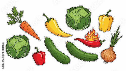 Assortment of Fresh Vegetables Including Carrots Cabbage Peppers Cucumbers and Onions.