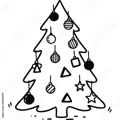 Hand-Drawn Black and White Christmas Tree with Ornaments, Festive Holiday Illustration