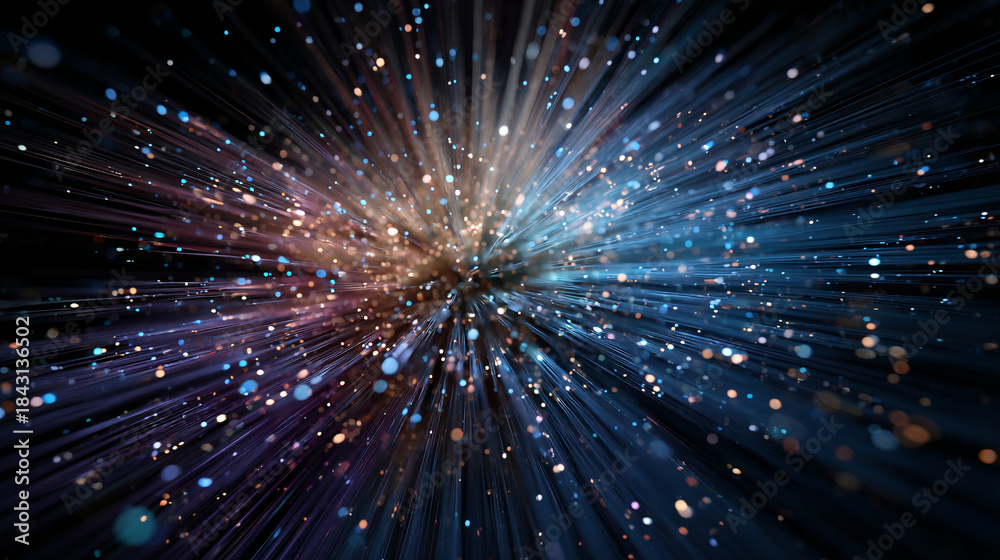 Fototapeta premium Light rays and particles create a colorful display in a dark space