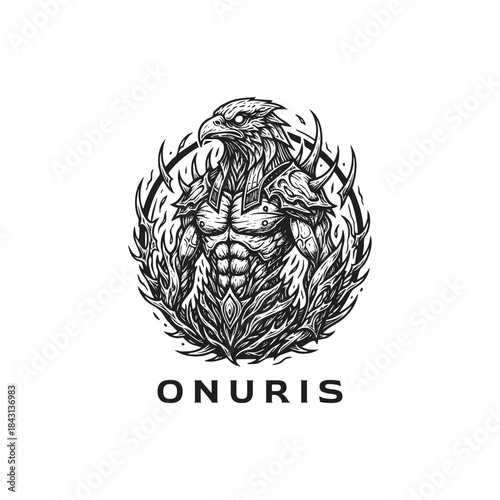Ancient Egyptian god Onuris illustration with falcon head and muscular warrior body in a dark woodcut engraving style