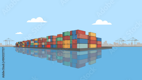 Illustration of a cargo ship with colorful shipping containers on calm water with a city skyline and cranes in the background under a blue sky with clouds