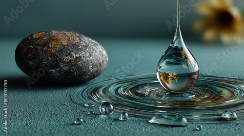 A smooth gray river stone rests in perfect balance beside a pure water droplet, expressing calm focus and meditative stillness.