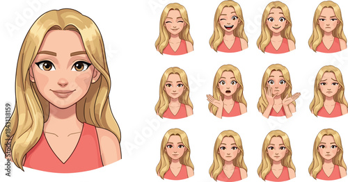 Blonde female avatar with multiple facial expressions, cartoon woman emotion set for animation, character illustration for communication, design, creatives