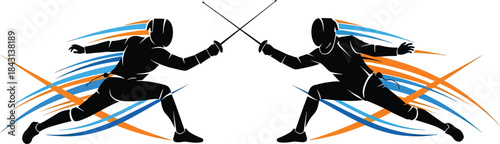 Fencing Duel Illustration – Professional Sword Fighting Athlete Vector Art Showing Combat Action and Dynamic Sports Motion