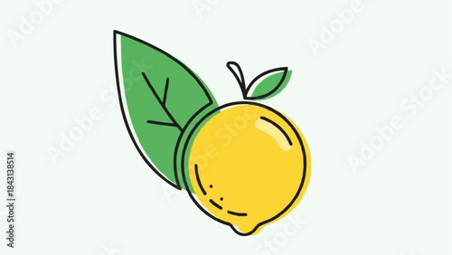 A bright yellow lemon with green leaves on a light blue background.