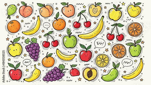 Collection of Fresh Fruits and Berries Hand Drawn Style.