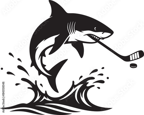 Shark Hockey Player Silhouette Mascot Leaping from Water
