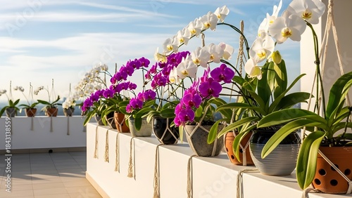 Bunga anggrek ungu diteras rumah putih 
