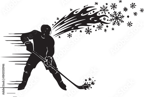 Ice Hockey Player Shooting Snow and Ice Trail Silhouette Illustration