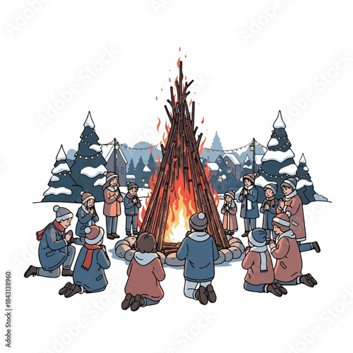 People gathering around campfire. Winter scene with snow. Group of friends sitting and standing around fire. Vector illustration of people in winter clothes. Snowy forest background. Cold