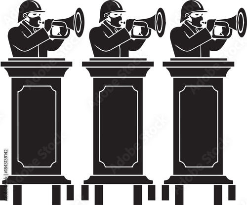 Three Trumpeters on Podiums Performing in Synchronization