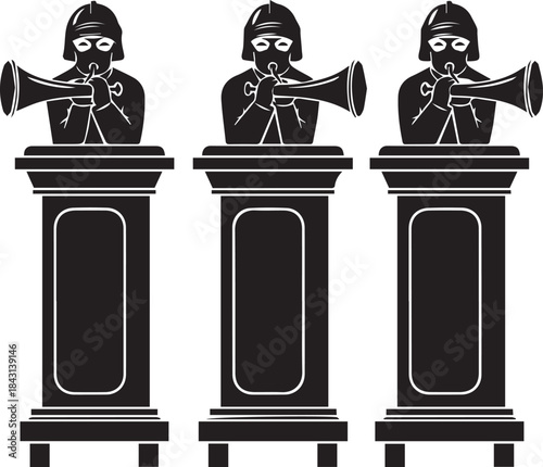 Three Trumpeters on Podiums in Black and White Illustration