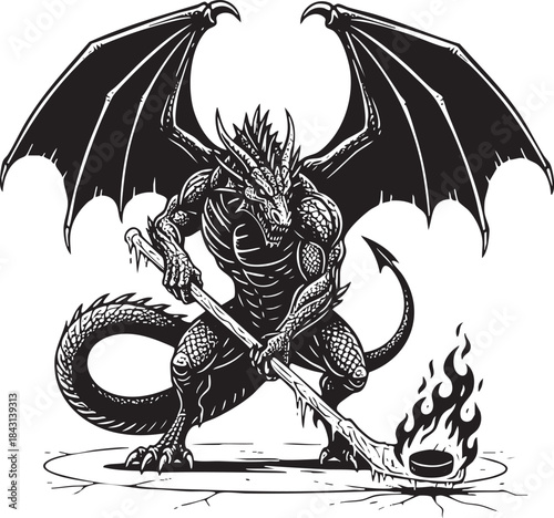 Dragon Playing Ice Hockey with Fire Puck Fantasy Illustration