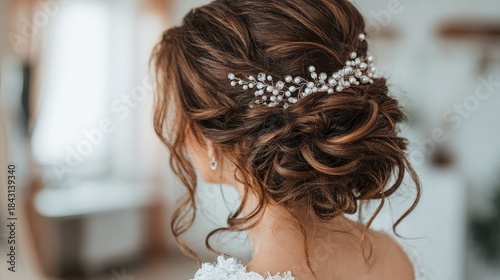 Elegant updo hairstyle featuring pearl and crystal hair accessory adorns a woman's head.