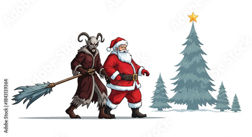 Santa Claus and Krampus walking together. Christmas characters. Vector illustration of holiday figures. Winter scene with tree. Red and brown costumes. White background. Festive season