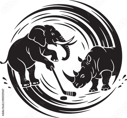 Elephant vs Rhinoceros Ice Hockey Faceoff Yin Yang Silhouette Illustration