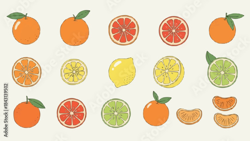 Collection of Fresh Citrus Fruits and Slices.