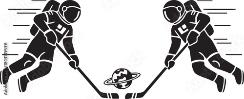 Astronaut Ice Hockey Faceoff with Planet Puck Silhouette Illustration