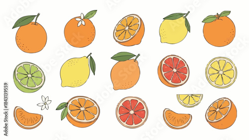 Collection of Fresh Citrus Fruits and Slices Hand Drawn Style.