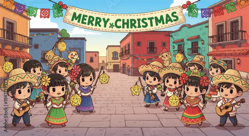 Mexican Christmas celebration. Colorful cartoon characters. Merry Christmas banner. Traditional Mexican clothing. Sombreros and maracas. Vibrant street scene. Vector illustration. Festive