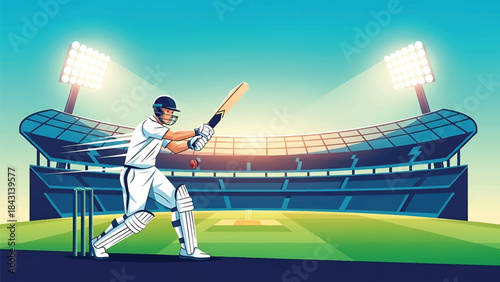 Cricket Batsman Action Illustration – Professional Cricket Stadium Vector Art, Sports Player Hitting Shot Under Stadium Lights, Dynamic Match Scene