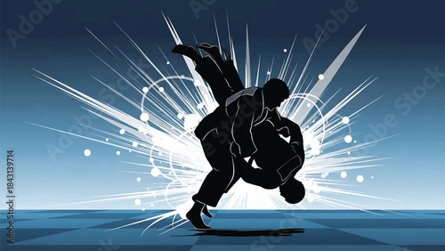 Dynamic Judo Throw Silhouette Illustration with Motion Impact Effect