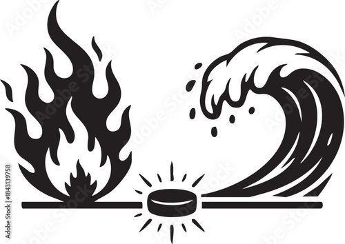 Fire and Water Ice Hockey Puck Symbol Silhouette Illustration